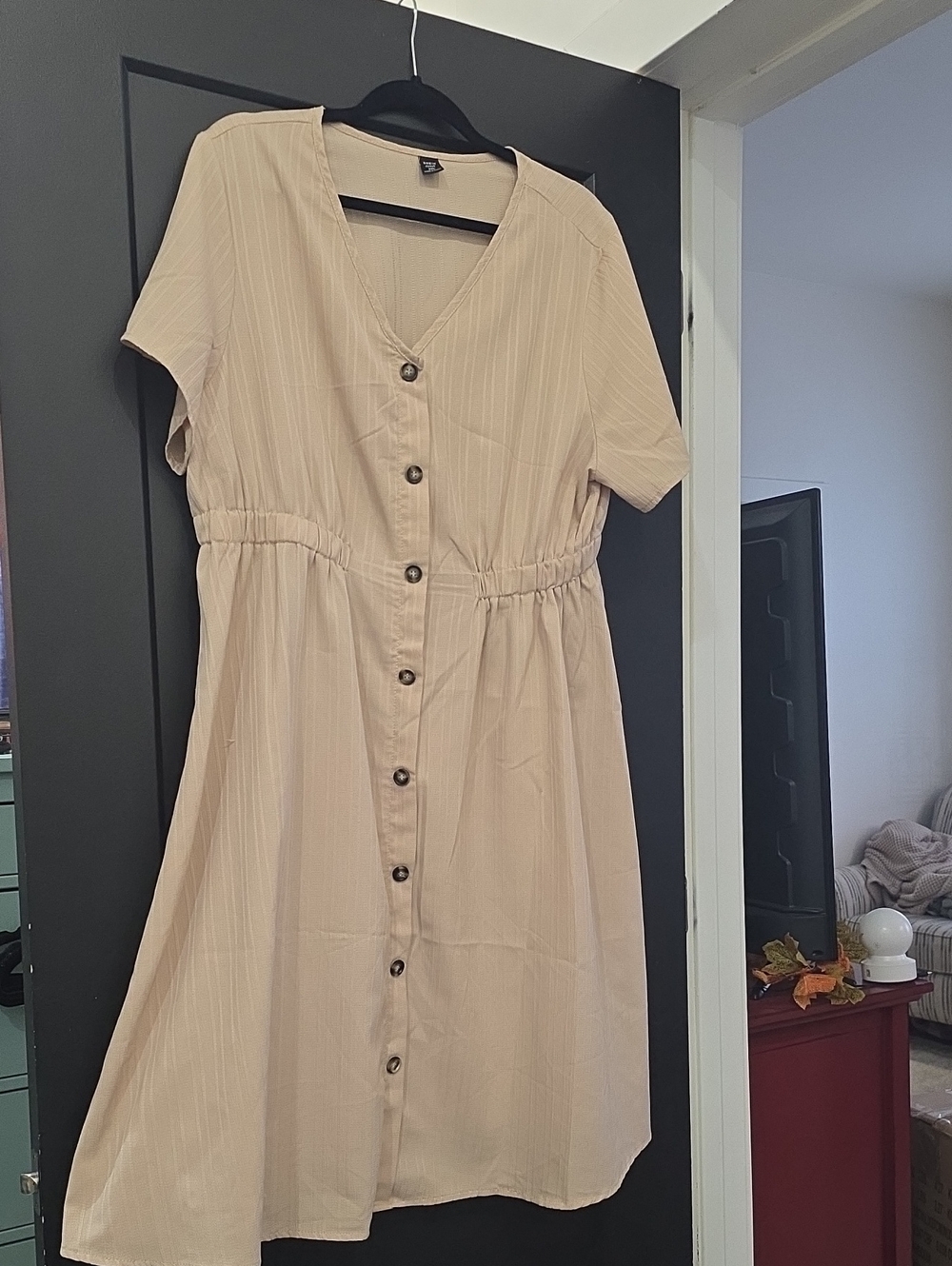 SHEIN Beige Pinstripe Button-Front Midi Dress